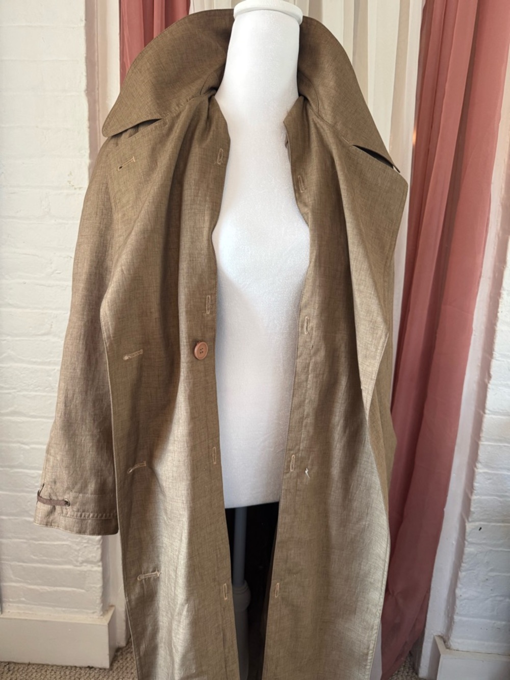 Vintage Lightweight Olive Trench Coat with Wide Collar